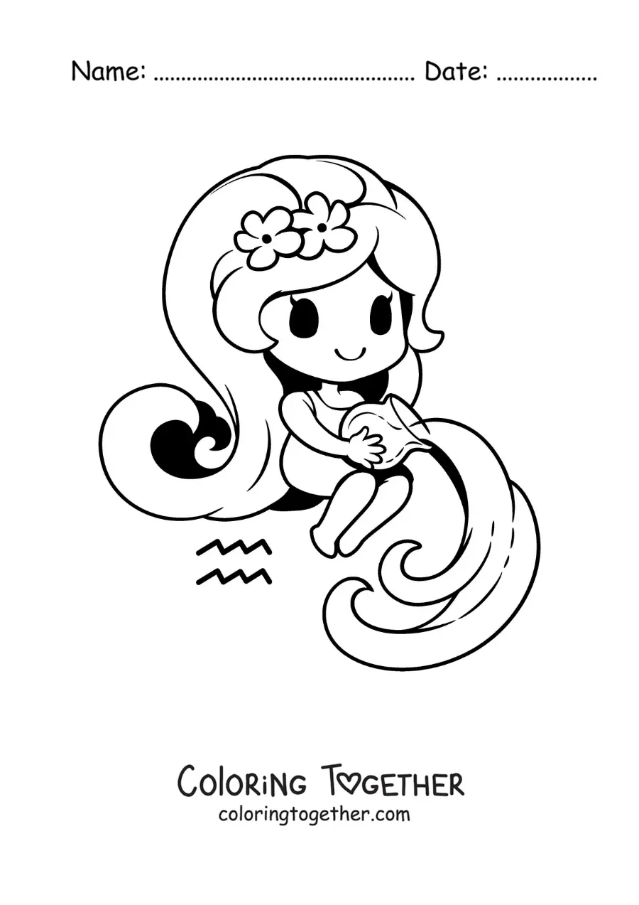 Coloring page of a cute animated kawaii girl of the Aquarius sign
