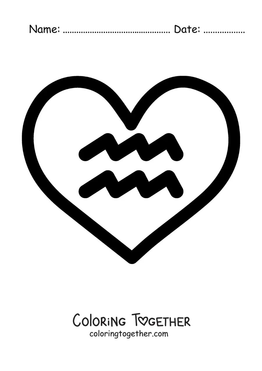 Coloring page of an easy Aquarius symbol inside a heart