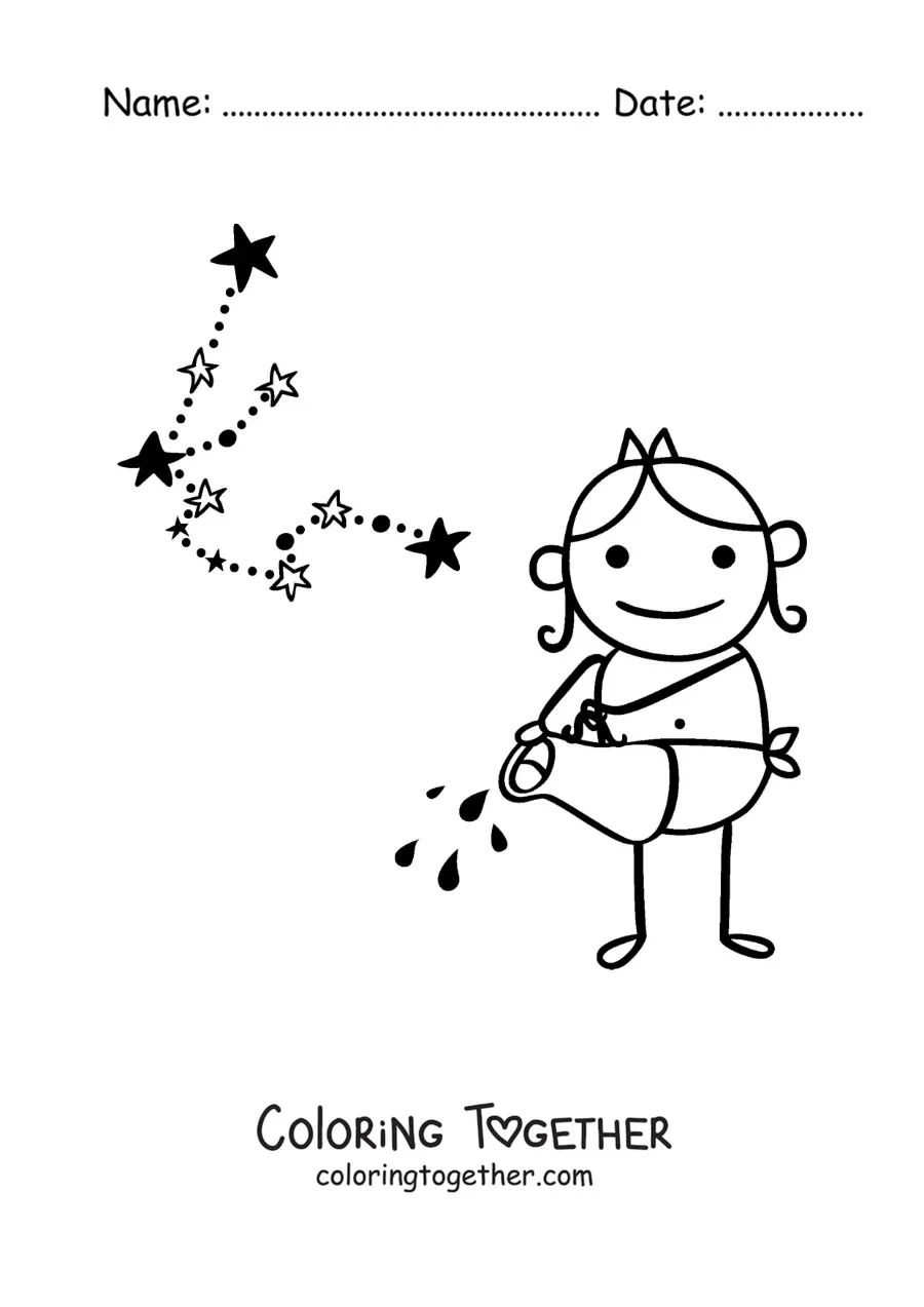 Coloring page of a cartoon of the Aquarius sign mythology and its constellation