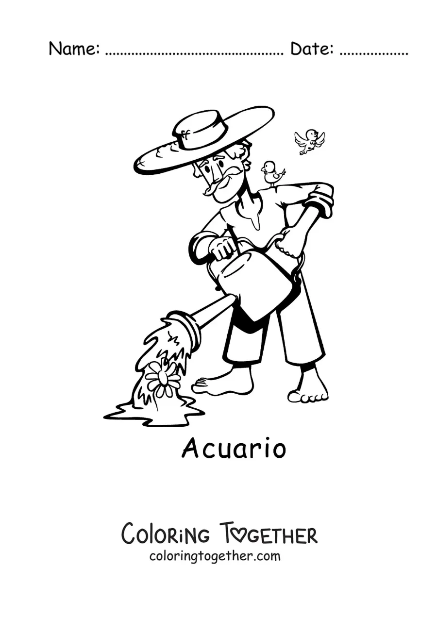 Coloring page of a childish cartoon of the Aquarius sign mythology