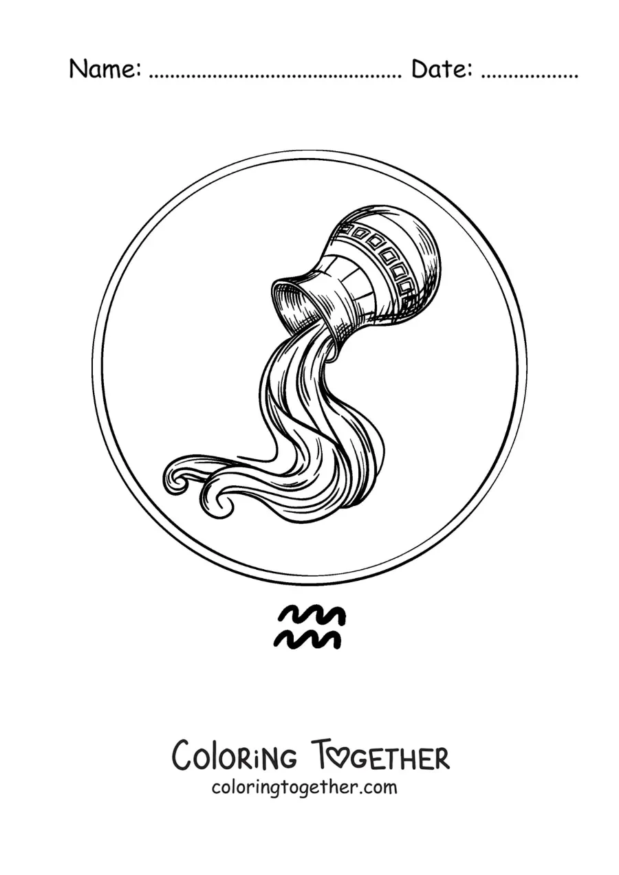 Coloring page of a realistic Aquarius sign water jug