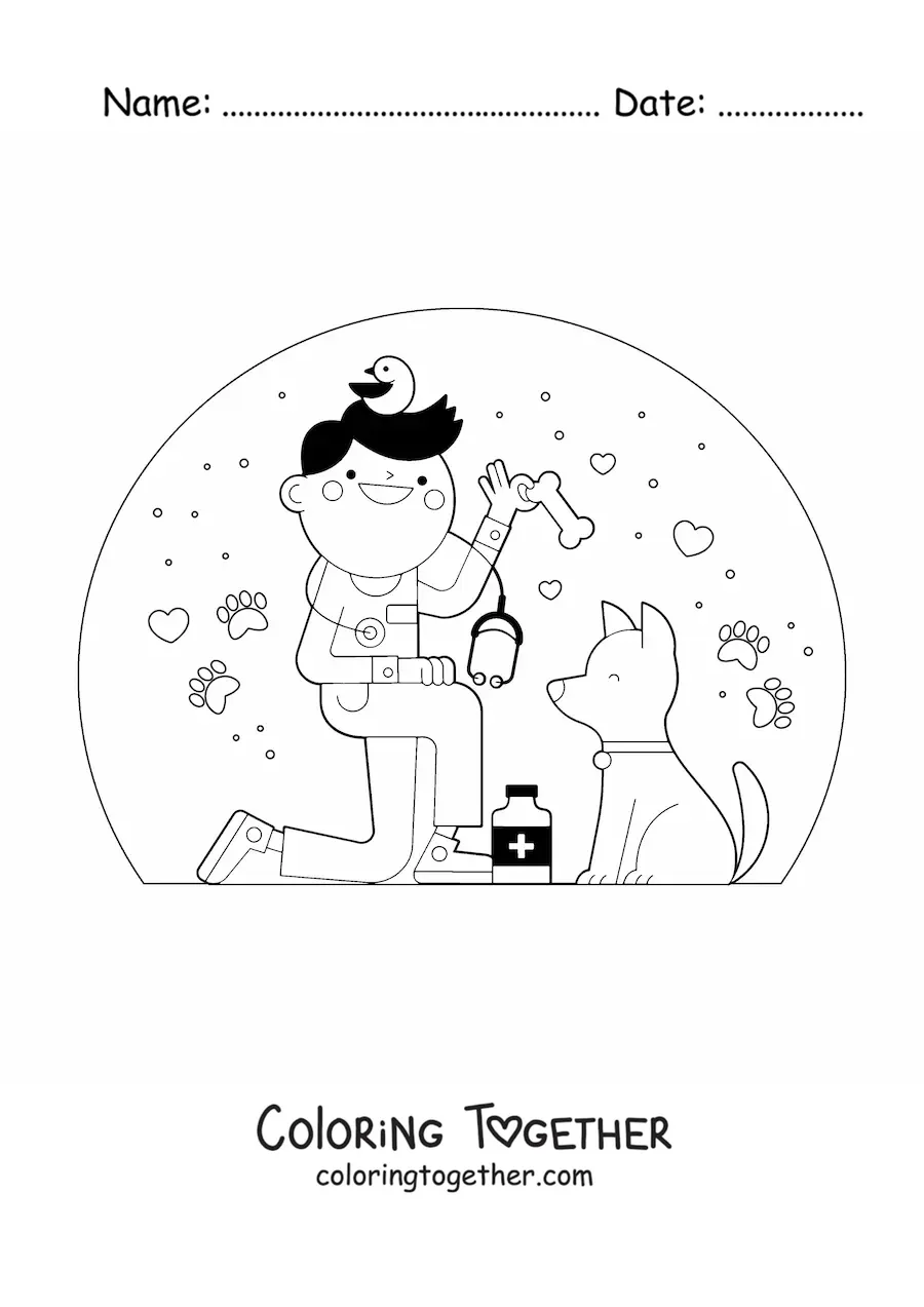 Coloring page of an animated vet next to a dog
