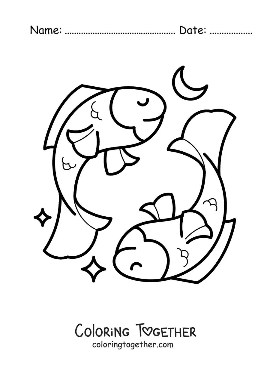 Coloring page of animated Pisces sign fish for kids