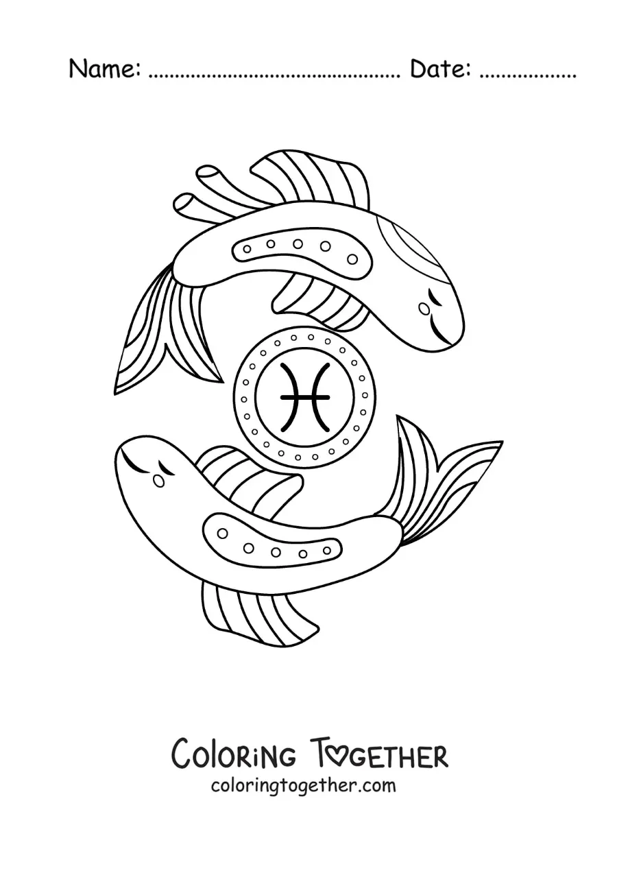 Coloring page of animated Pisces sign fish with its symbol