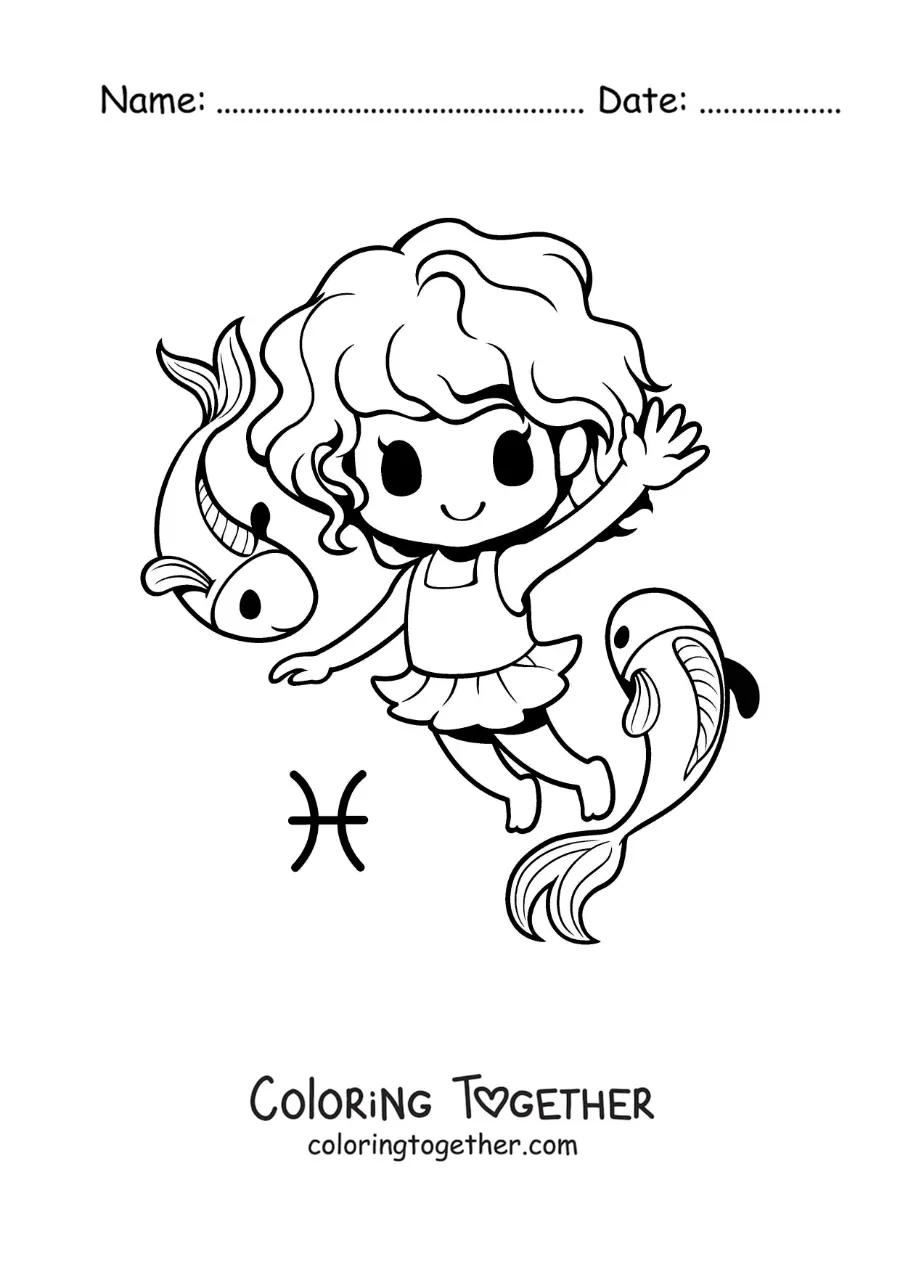 Coloring page of an animated kawaii girl of the Pisces sign with two fish