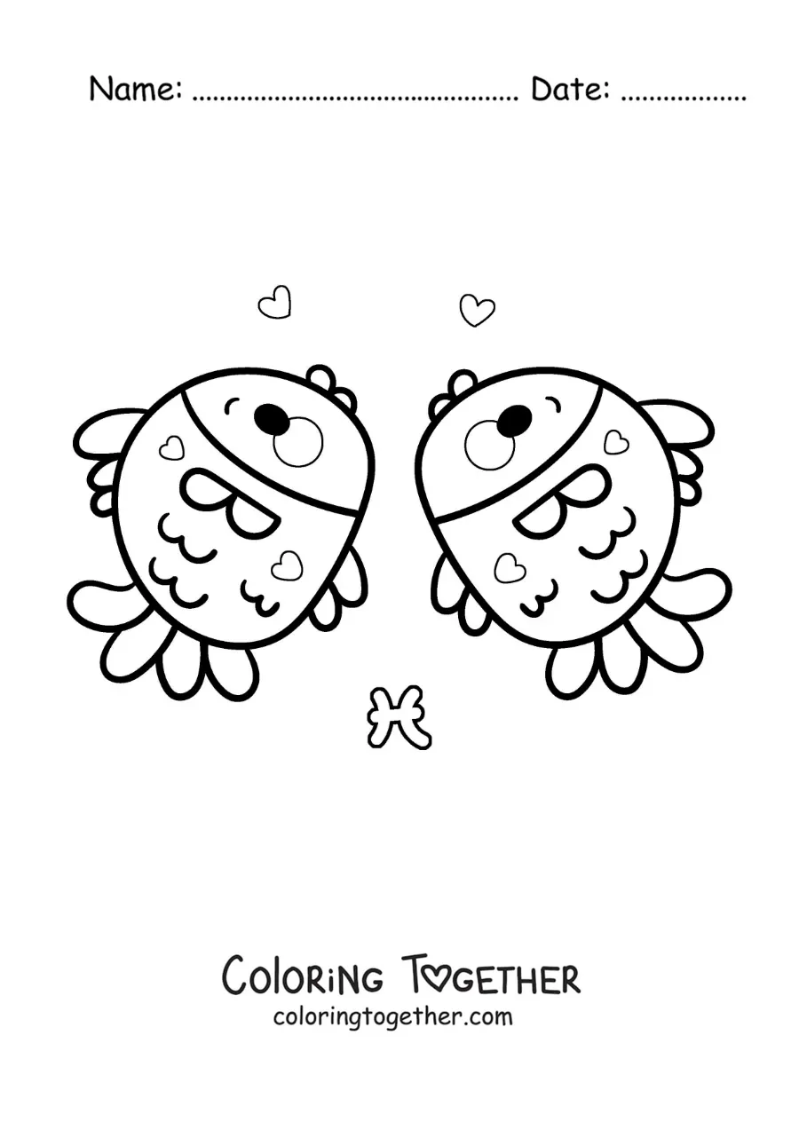 Coloring page of two kawaii Pisces sign fish