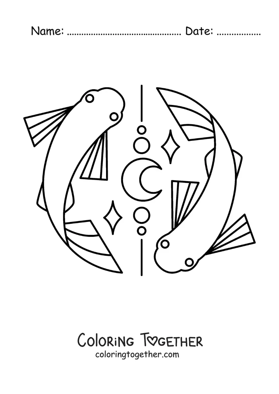 Coloring page of animated Pisces sign fish with a moon