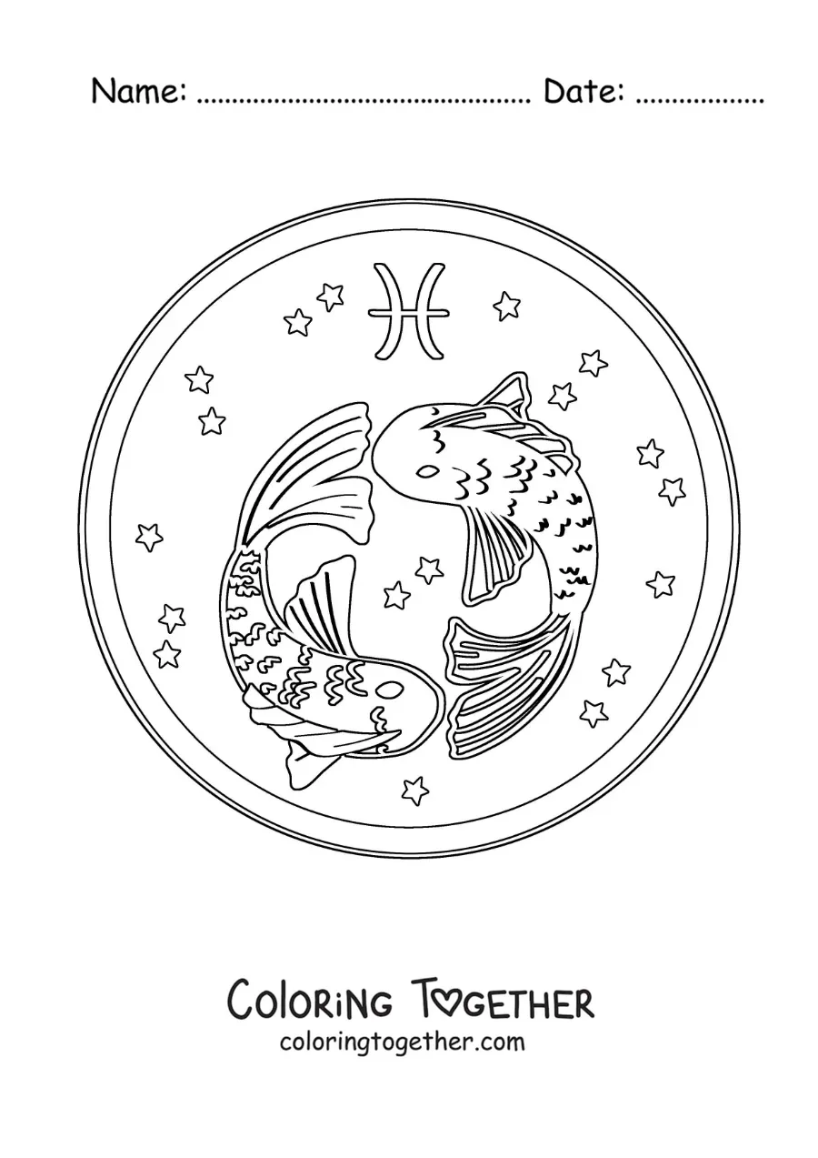 Coloring page of animated Pisces fish with stars and its symbol