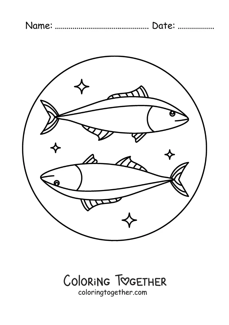 Coloring page of two Pisces sign fish