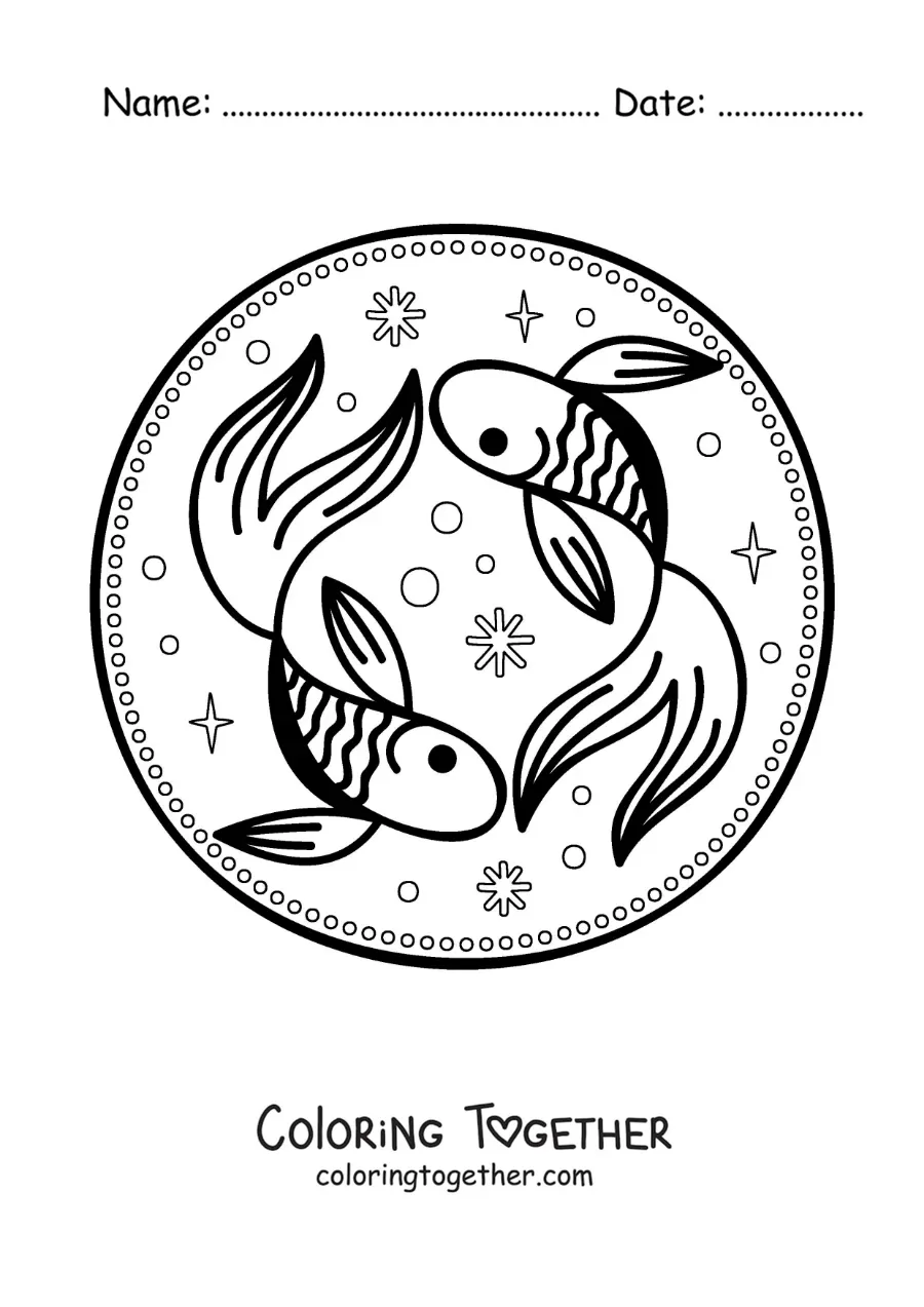 Coloring page of two animated Pisces sign fish with stars for kids