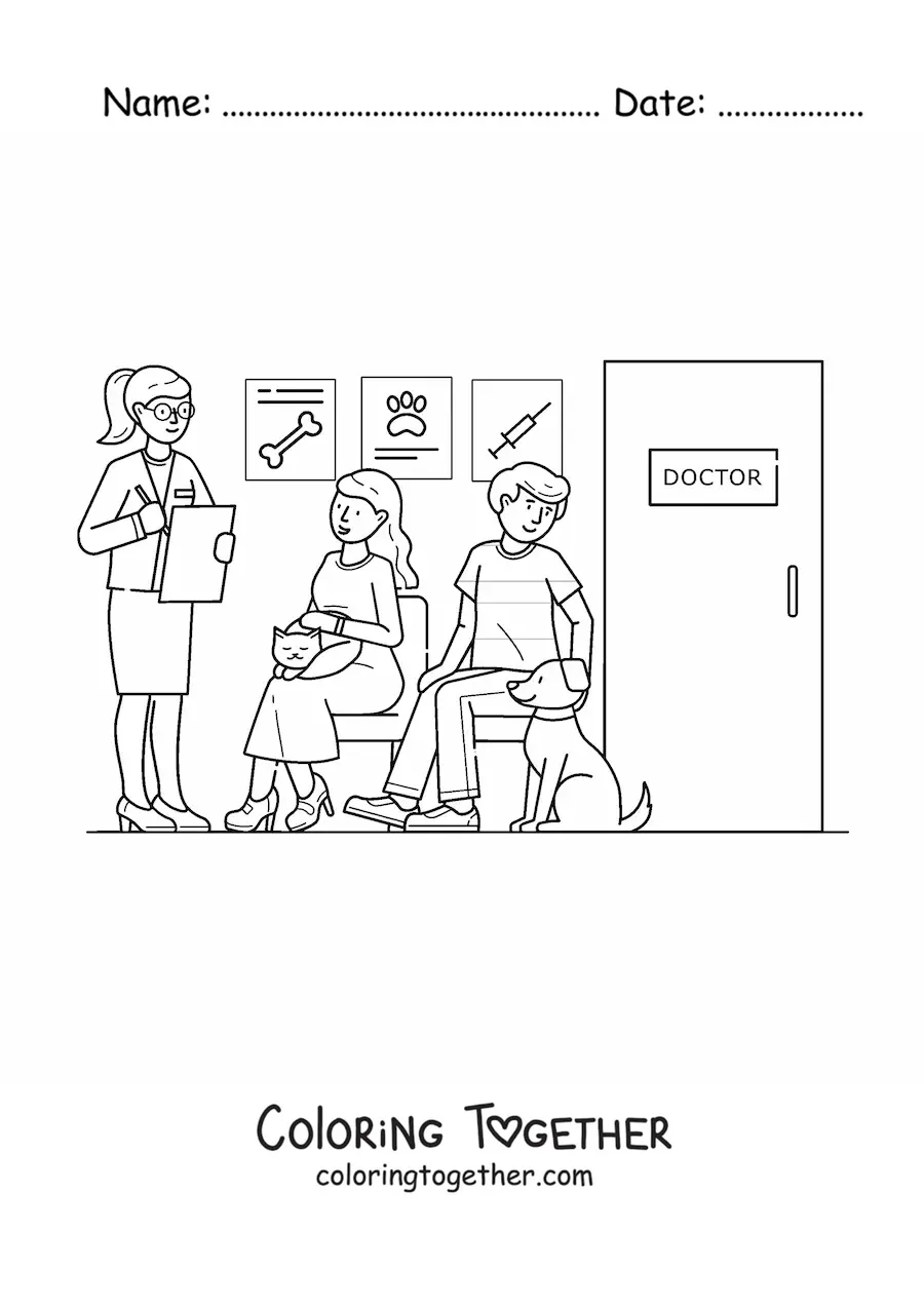Coloring page of patients in the waiting room at a veterinary clinic