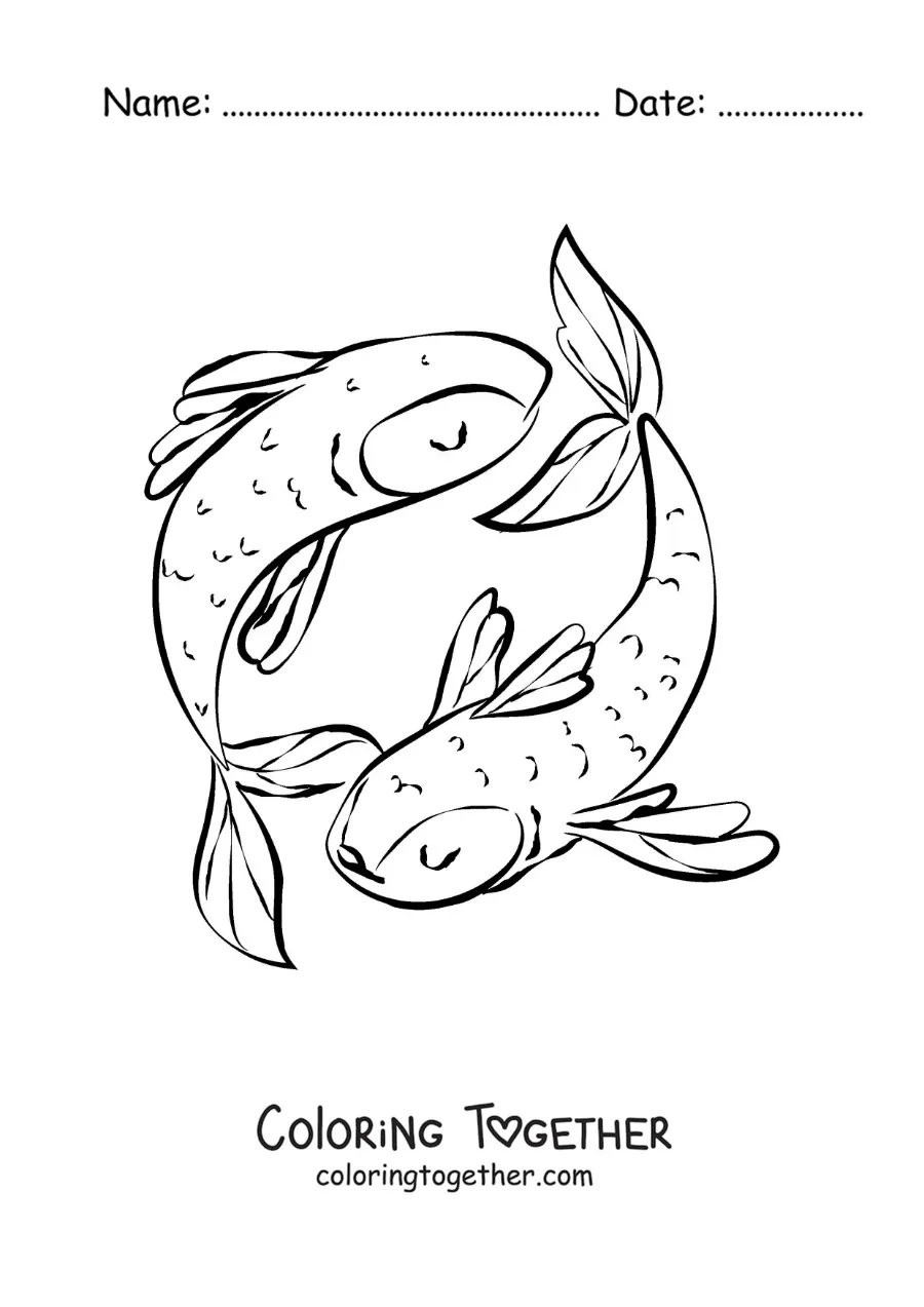 Coloring page of an animated Pisces sign symbol for kids