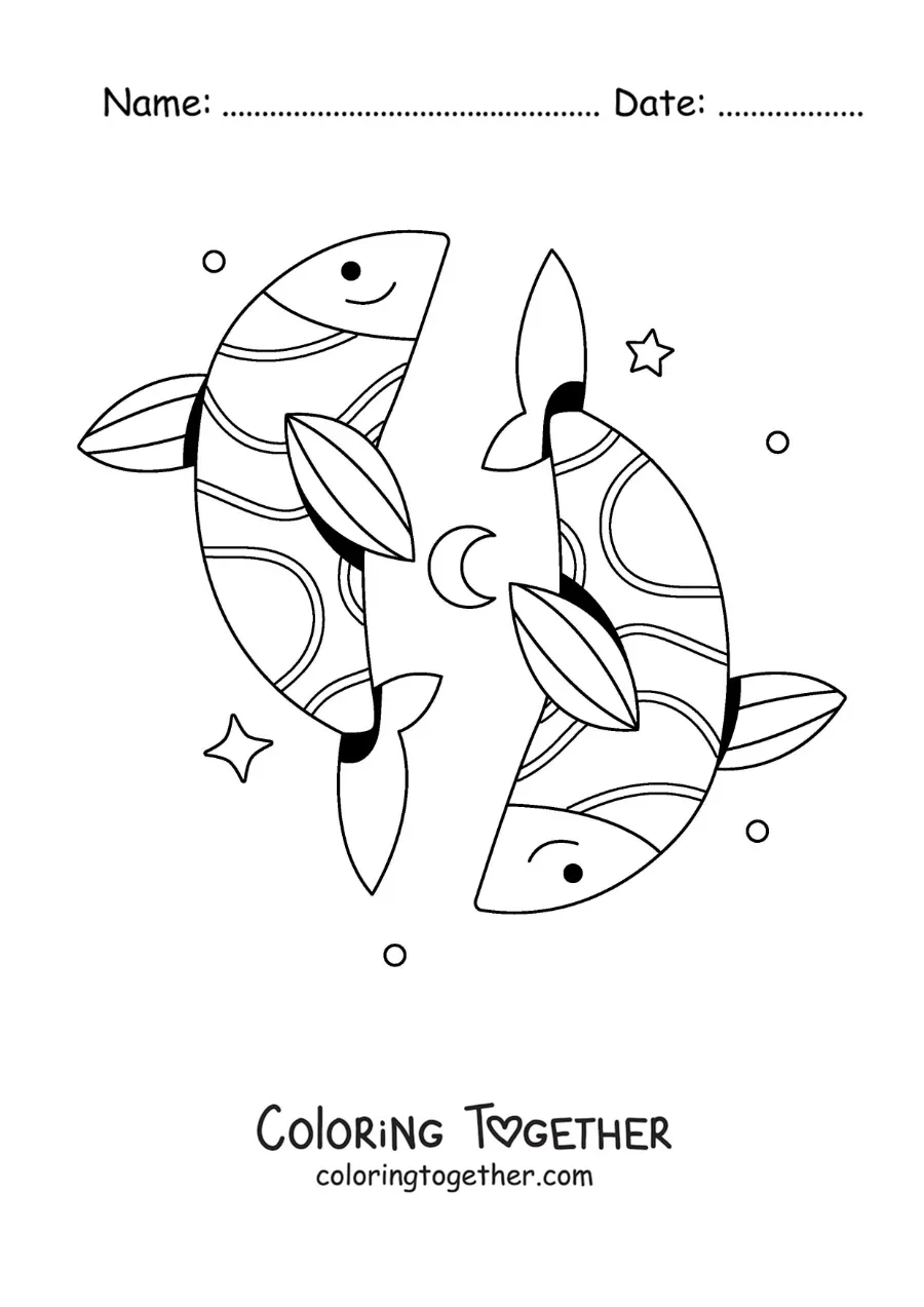 Coloring page of an easy animated Pisces sign symbol