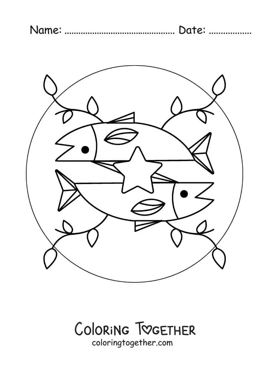 Coloring page of an animated Pisces sign symbol with leaves