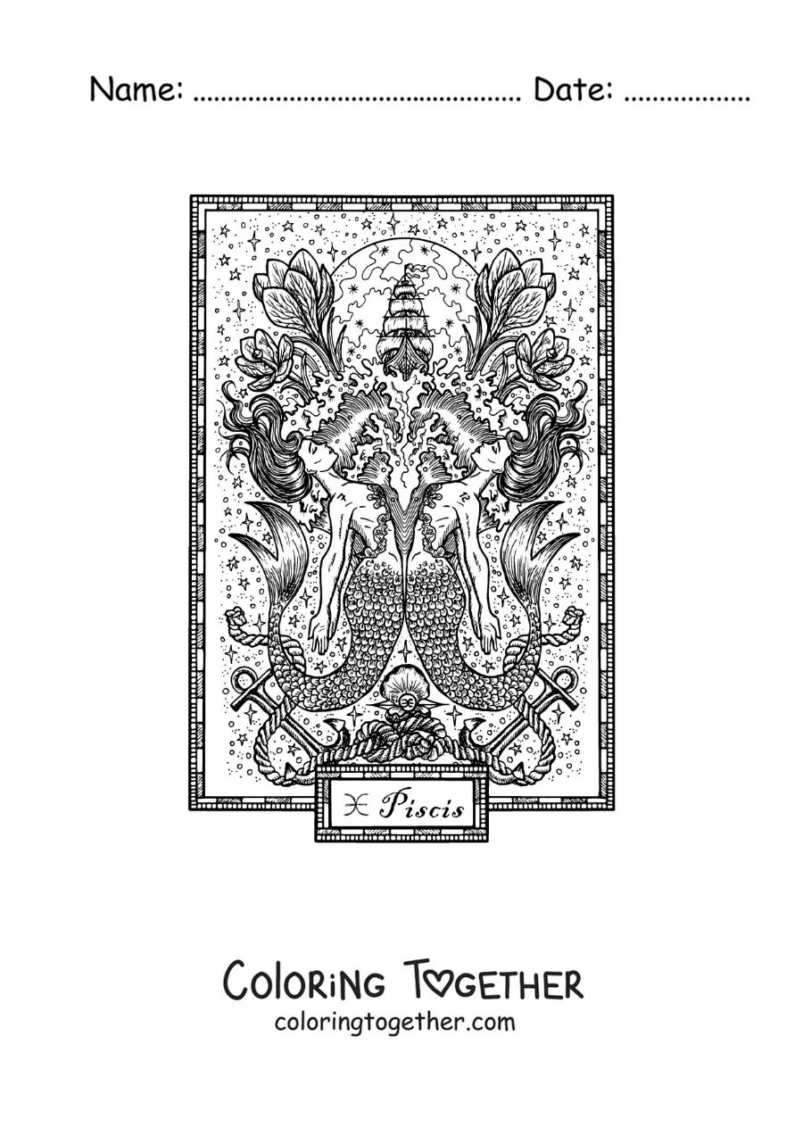 Coloring page of a Pisces sign card