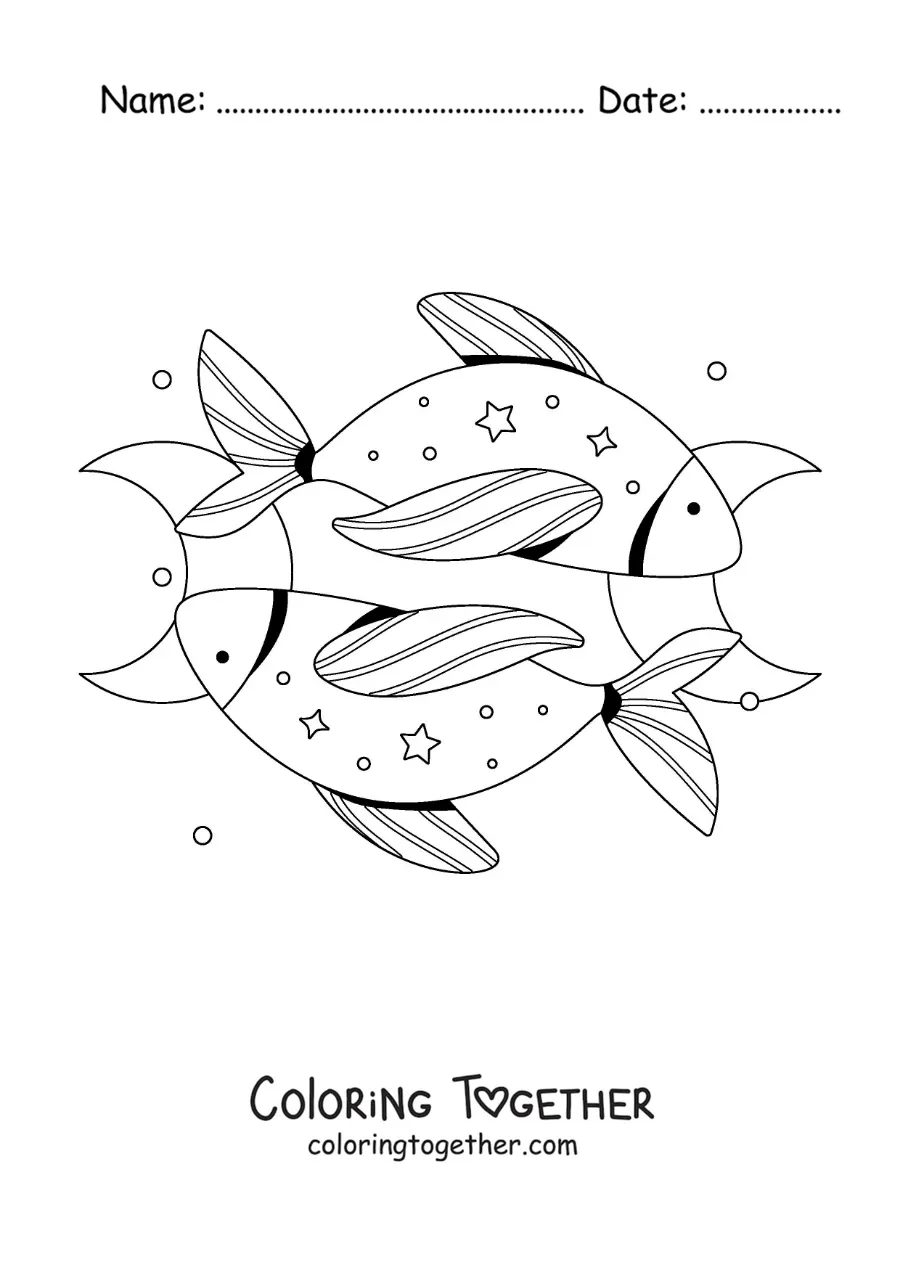 Coloring page of the two Pisces sign fish with stars
