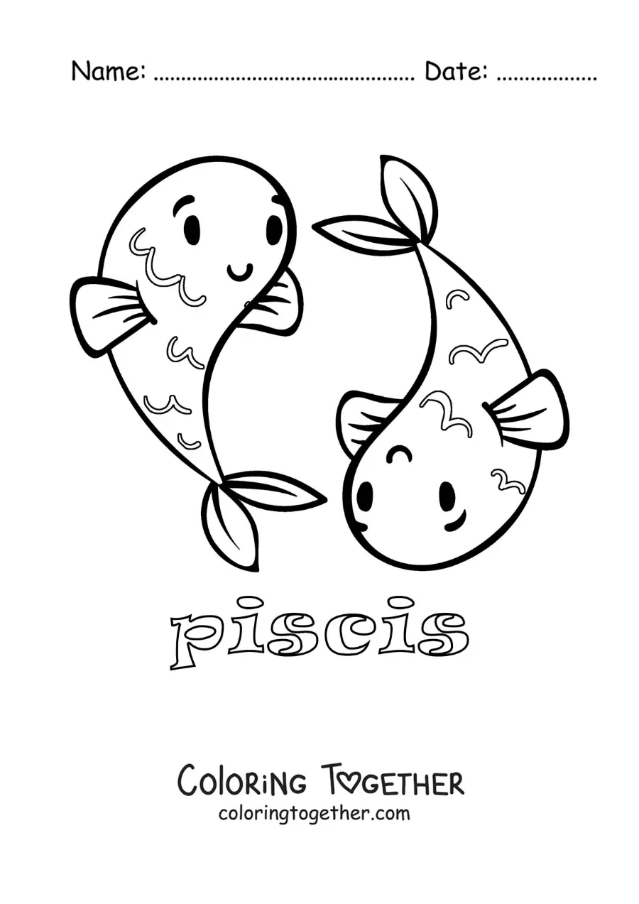 Coloring page of a Pisces sign cartoon with its name for kids