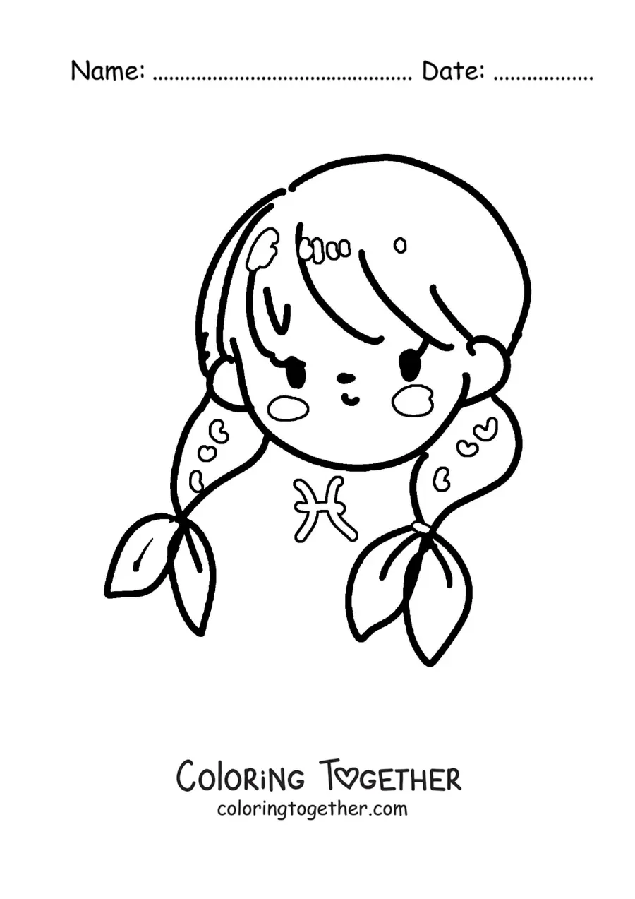 Coloring page of a kawaii girl of the Pisces sign