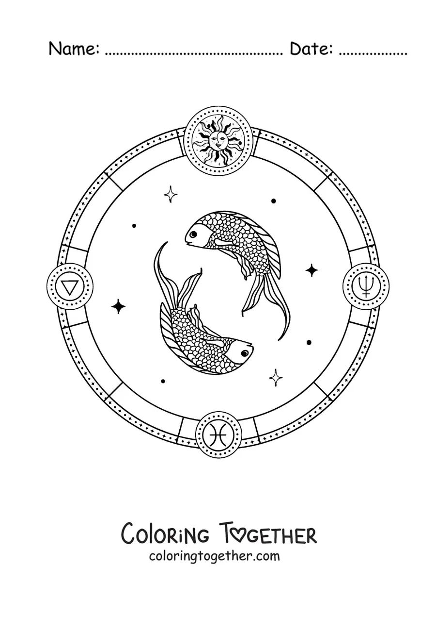 Coloring page of Pisces sign symbols
