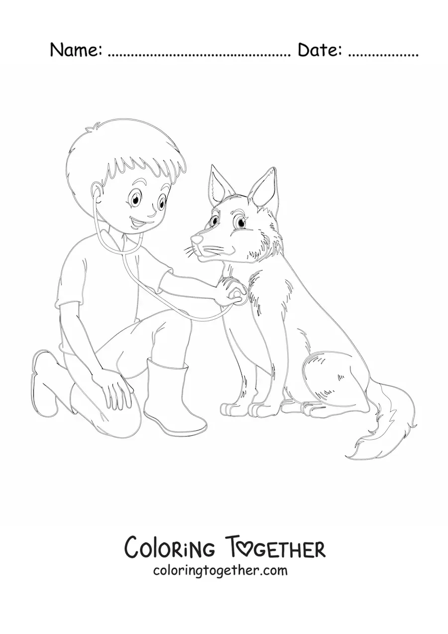 Coloring page of a boy dressed as a vet listening to a dog with a stethoscope