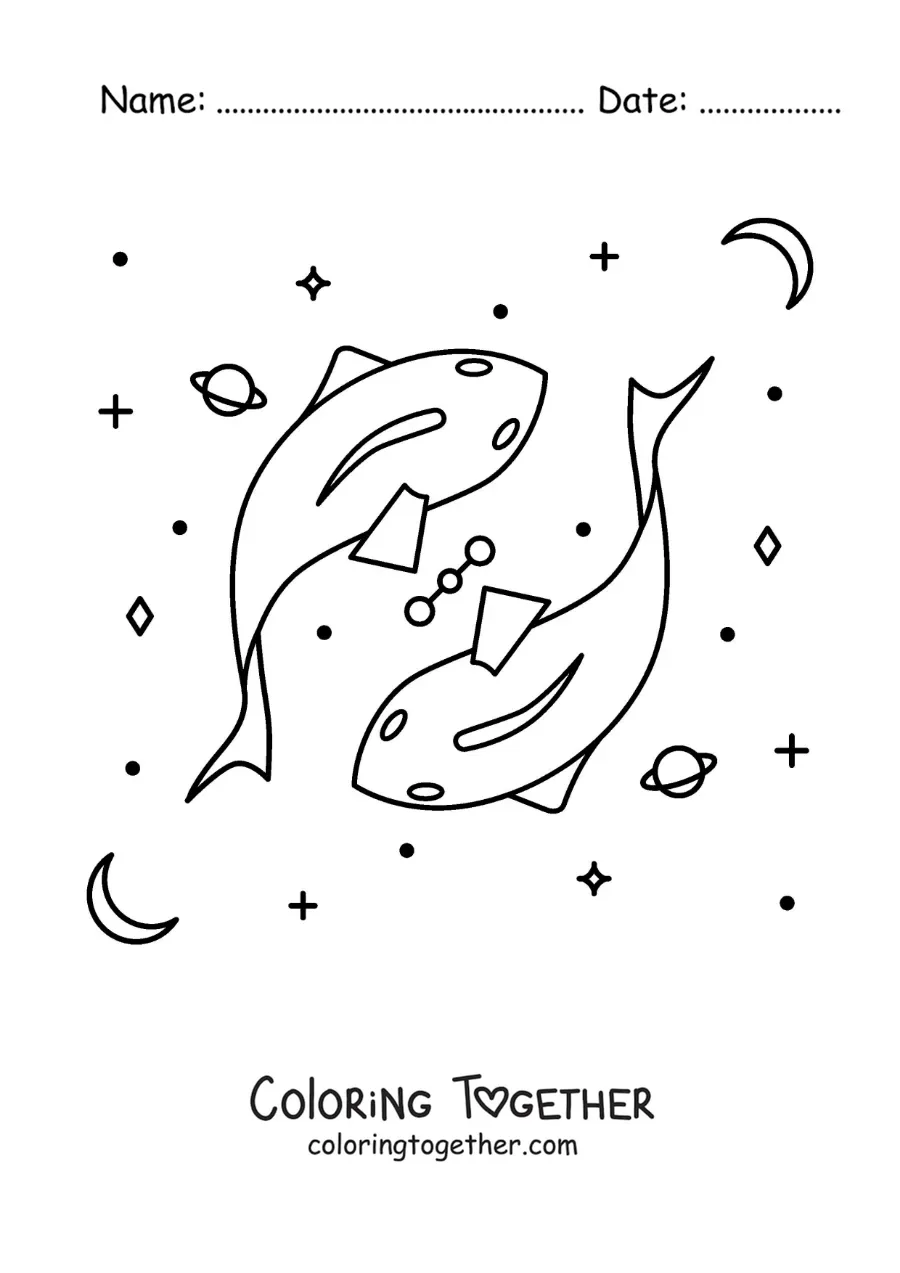 Coloring page of the Pisces zodiac sign symbol with celestial bodies