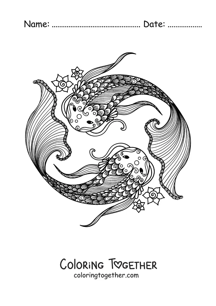 Coloring page of the Pisces zodiac sign symbol with flowers