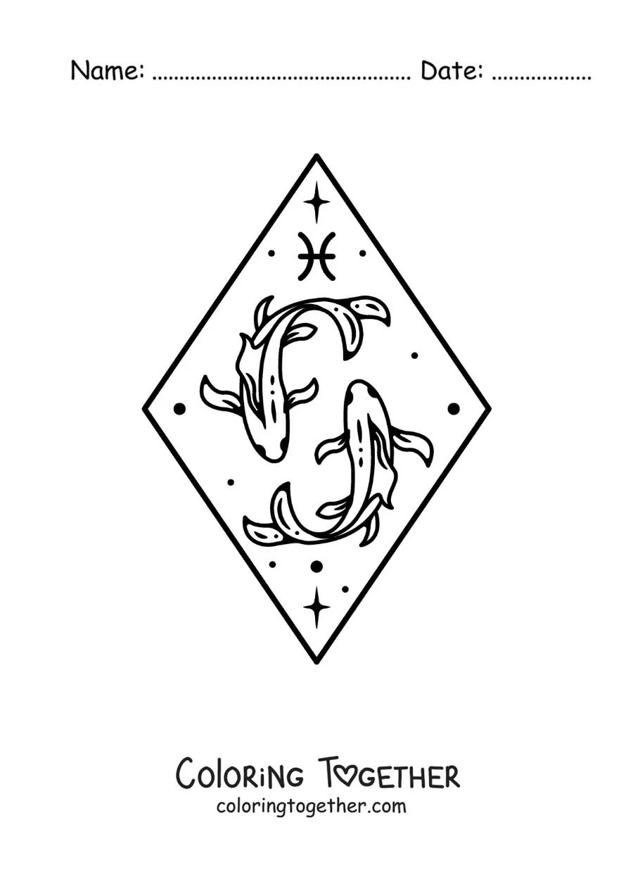 Coloring page of the Pisces sign with stars