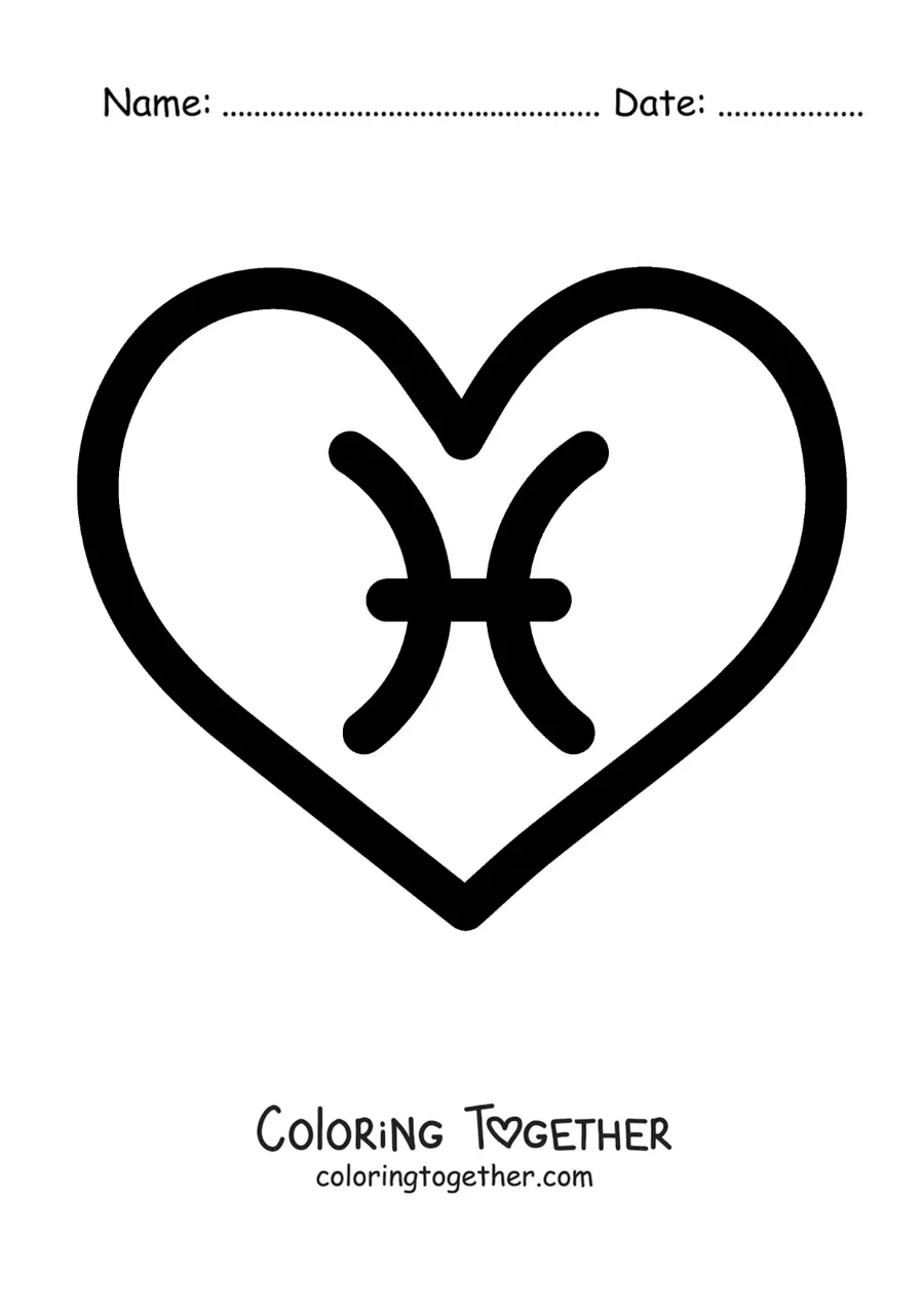 Coloring page of an easy Pisces symbol inside a heart