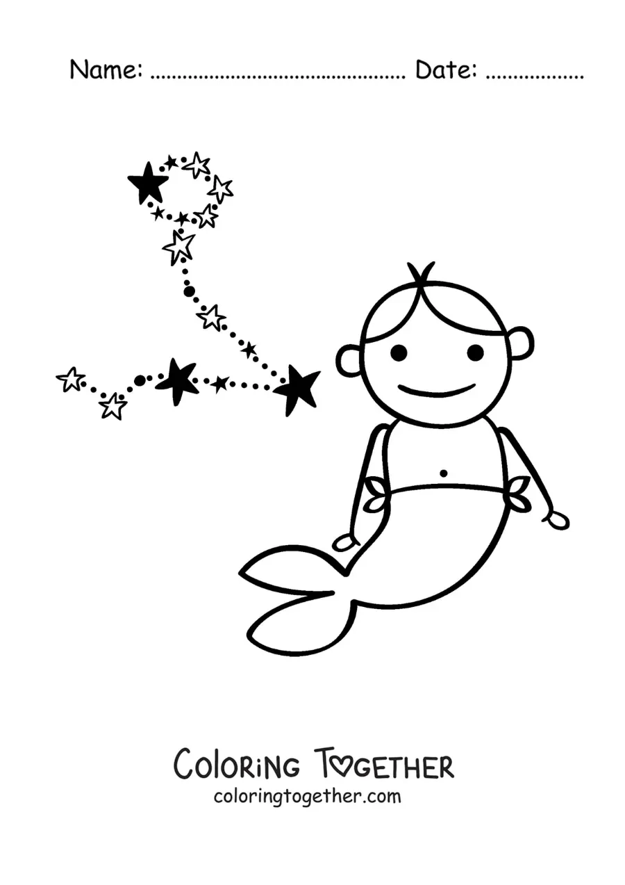 Coloring page of a cartoon of the Pisces sign mythology and its constellation