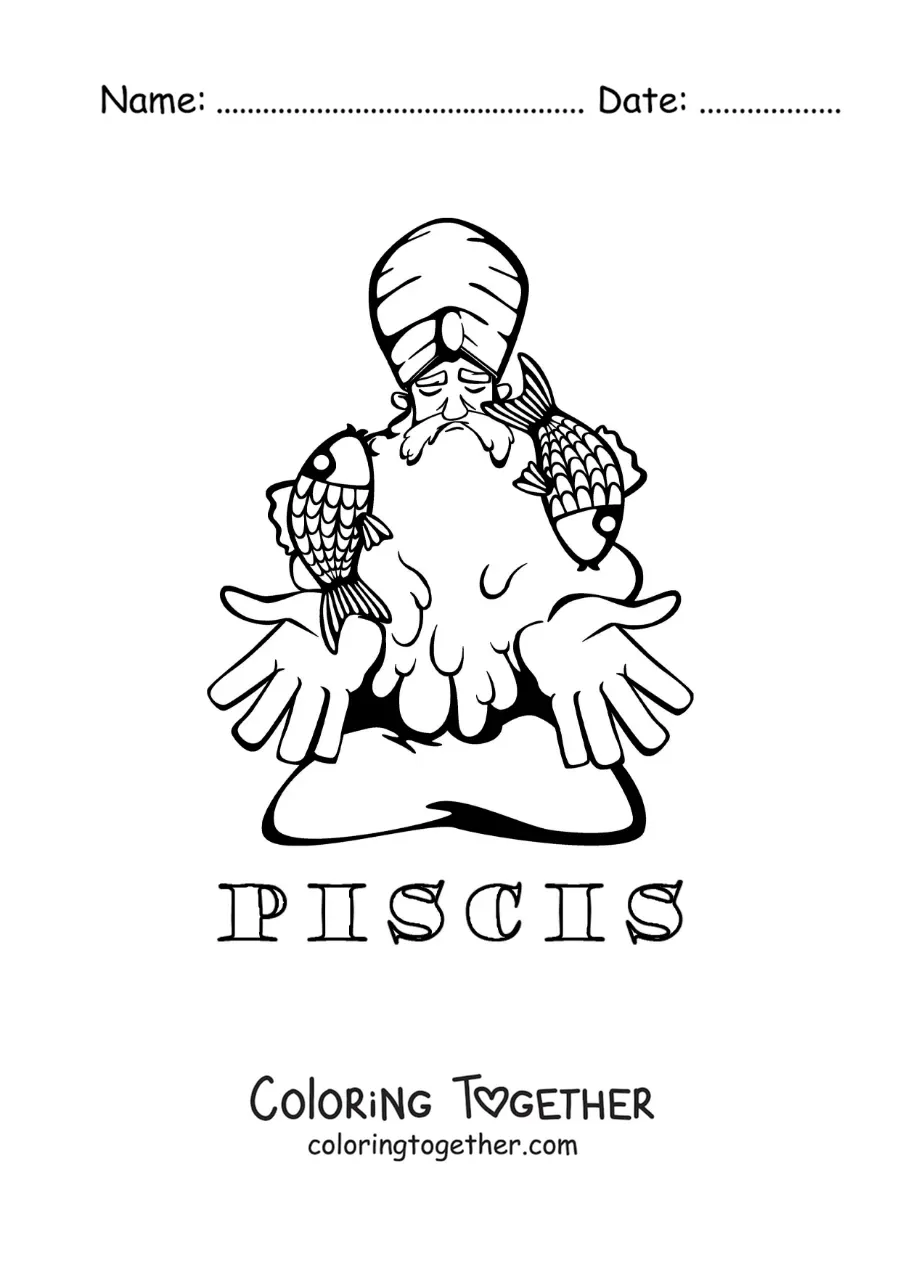 Coloring page of a cartoon for kids of a Pisces sign wizard with its name