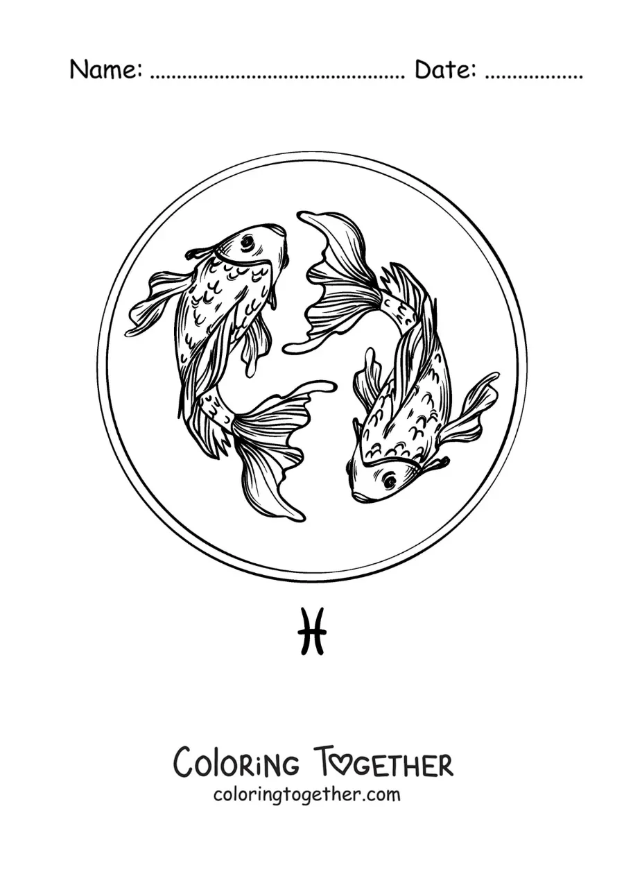 Coloring page of Pisces sign fish in a realistic style