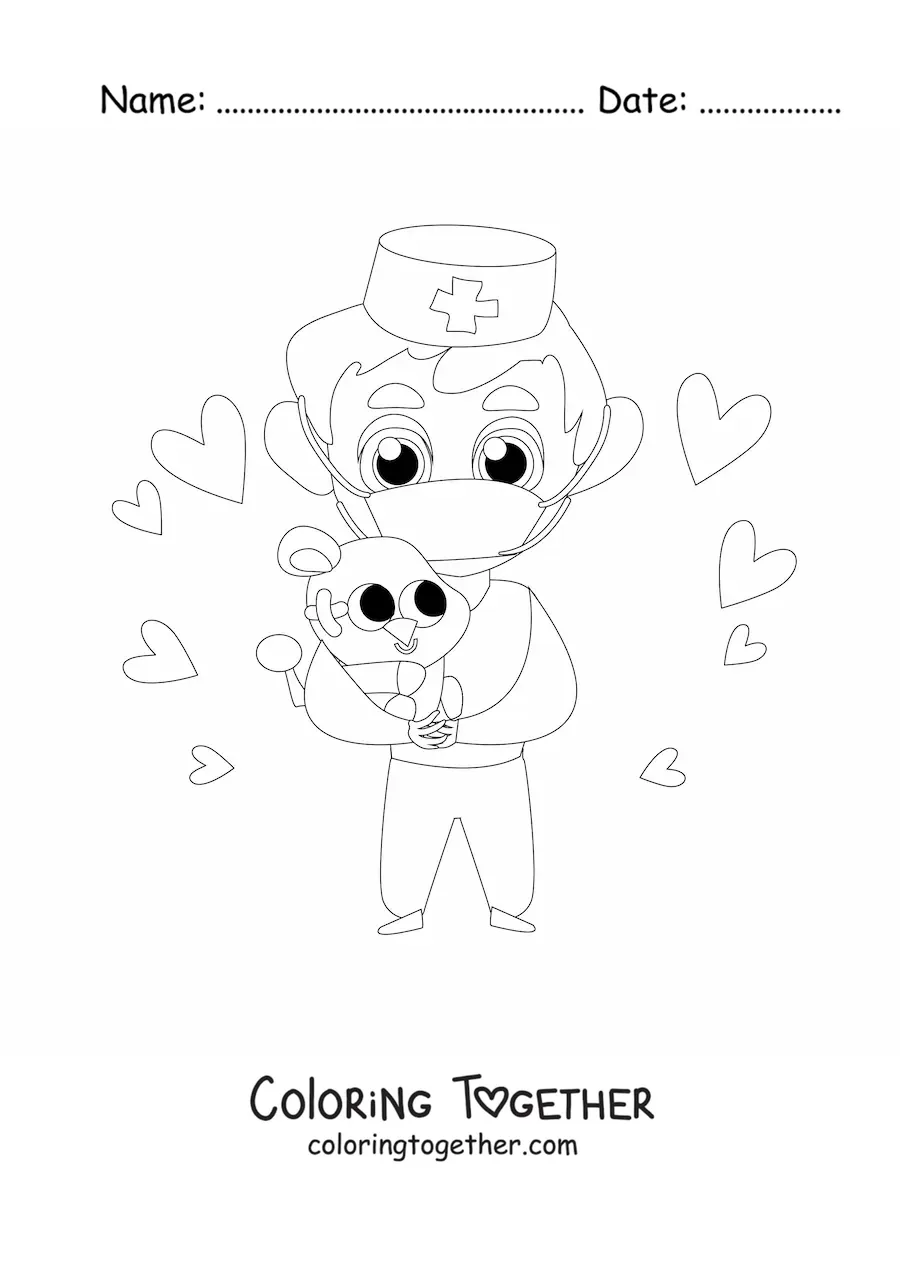 Coloring page of an animated vet holding a koala