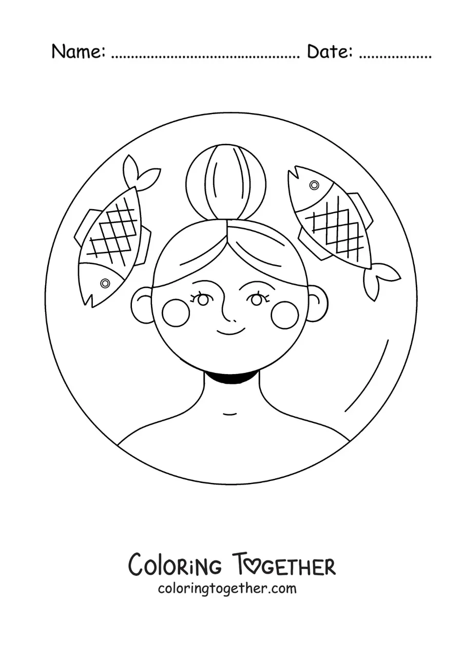 Coloring page of an animated girl of the Pisces sign