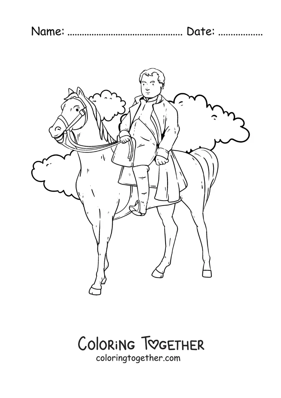 Coloring page of an animated Napoleon Bonaparte on his horse