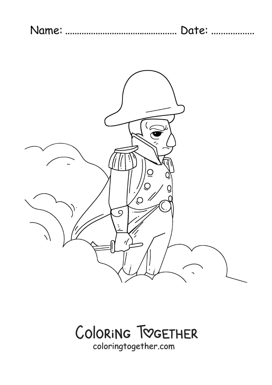 Coloring page of an animated Napoleon Bonaparte as a general