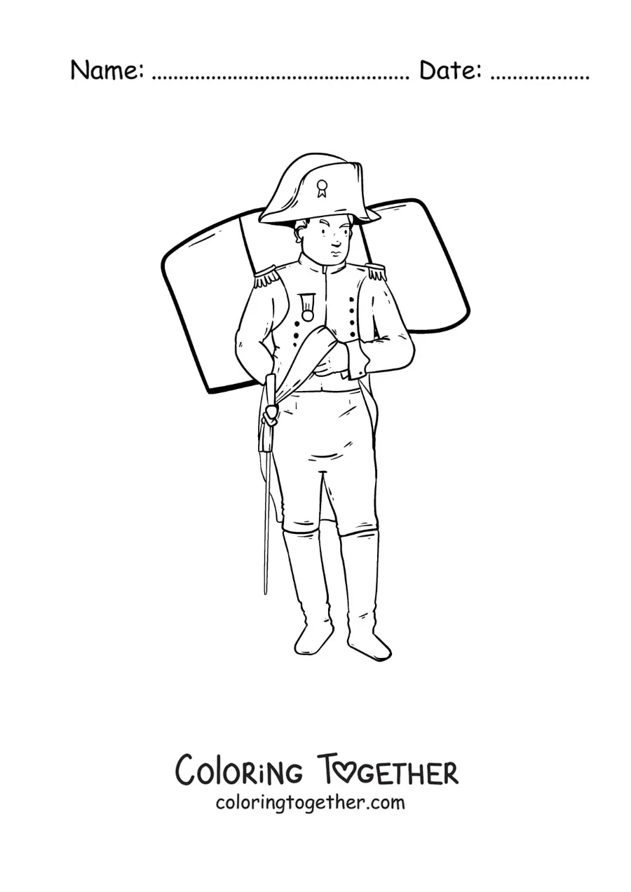Coloring page of an animated Napoleon Bonaparte with the flag of France