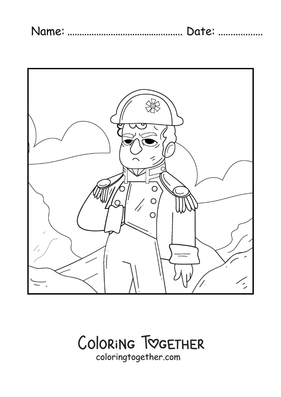 Coloring page of an animated Napoleon Bonaparte with his hat