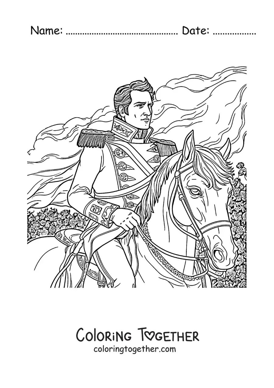 Coloring page of Napoleon Bonaparte on his horse in a realistic style