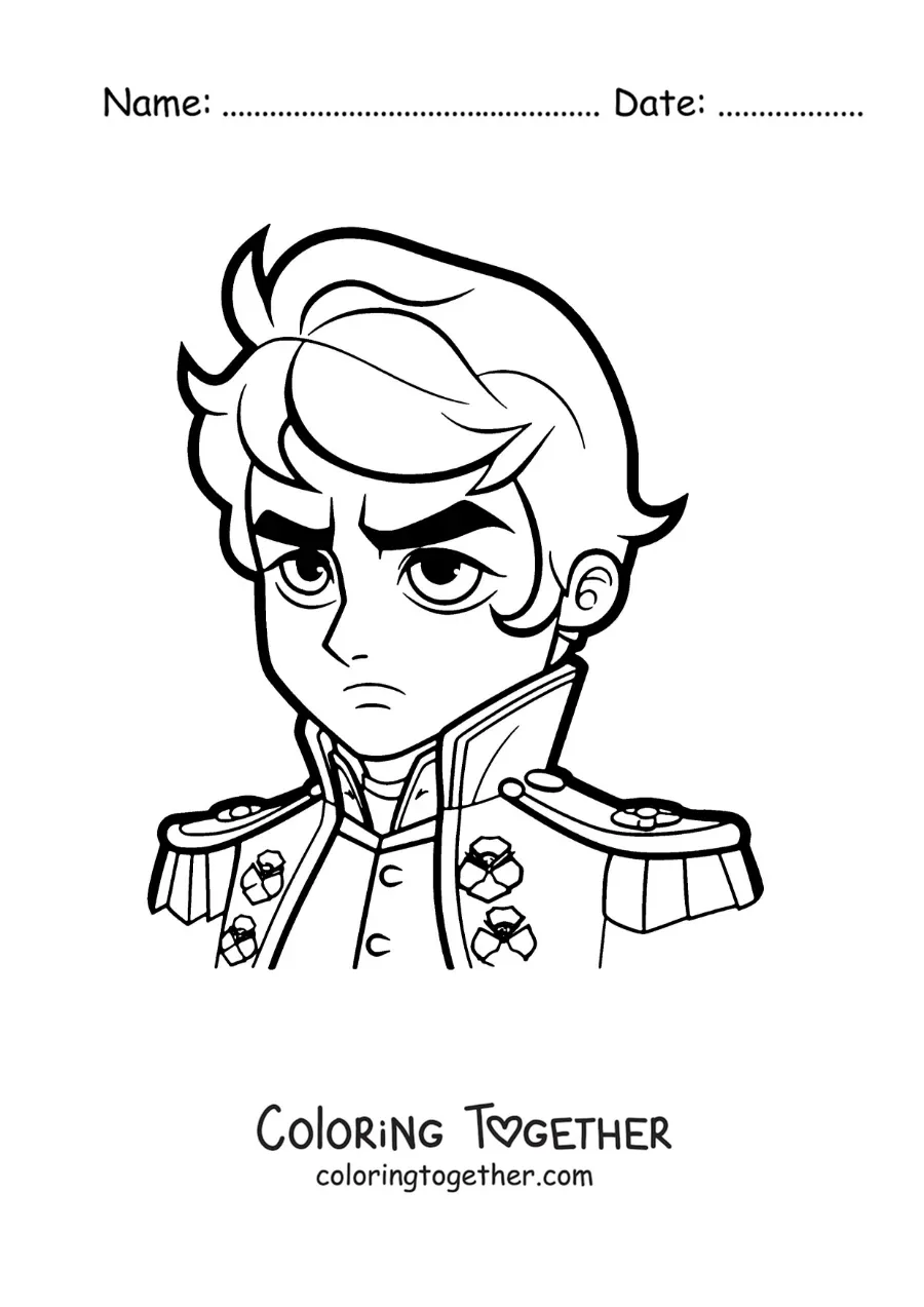 Coloring page of an animated kawaii Napoleon Bonaparte