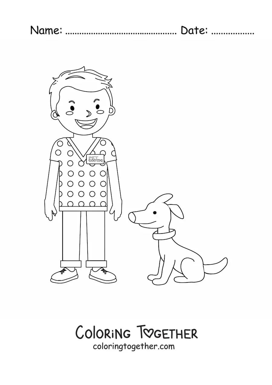 Coloring page of an animated vet next to a dog
