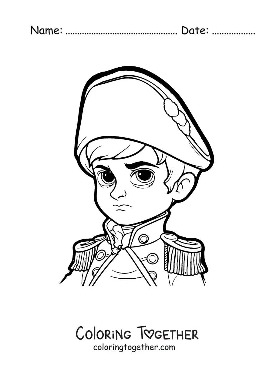 Coloring page of a kawaii Napoleon Bonaparte with his hat
