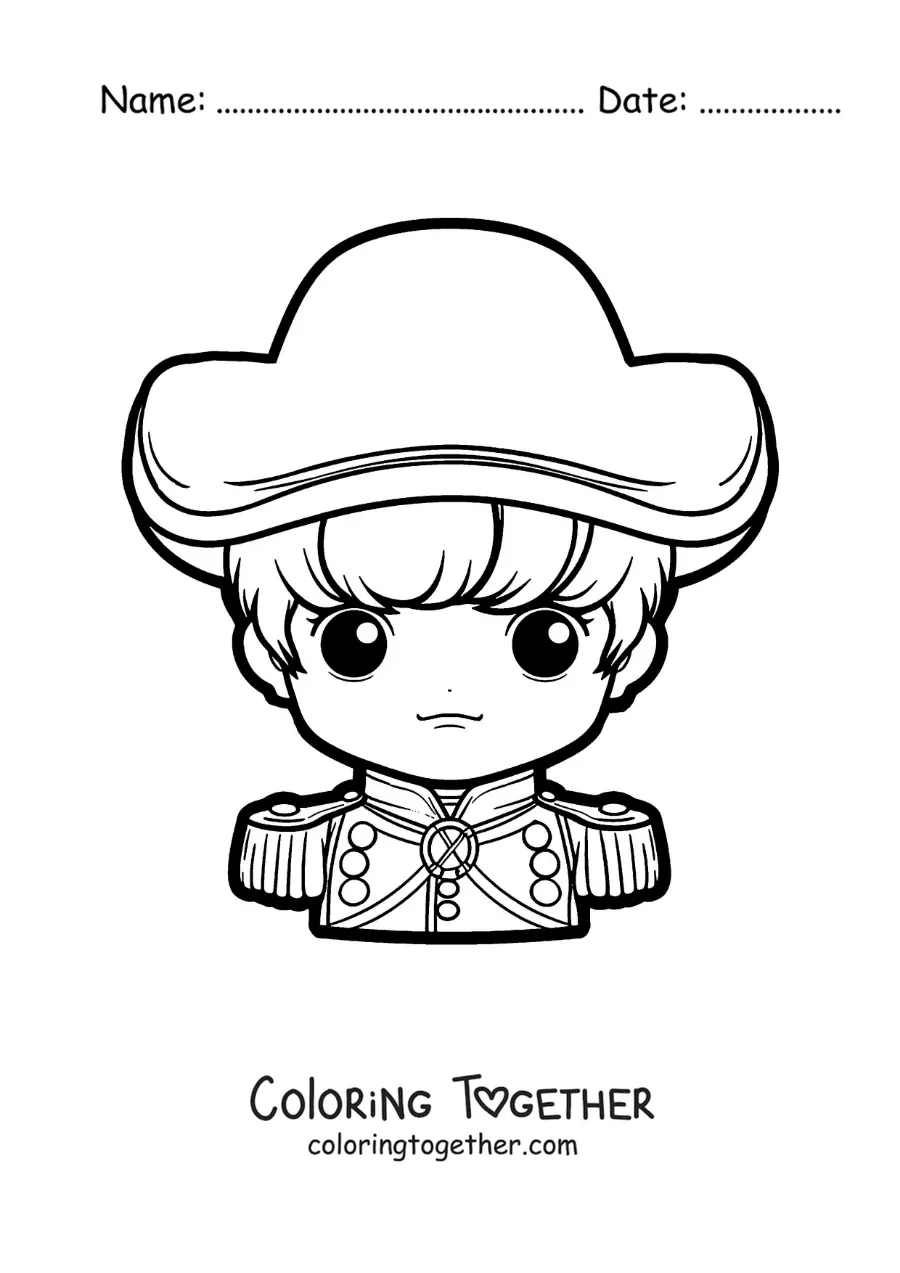 Coloring page of a kawaii Napoleon Bonaparte for kids