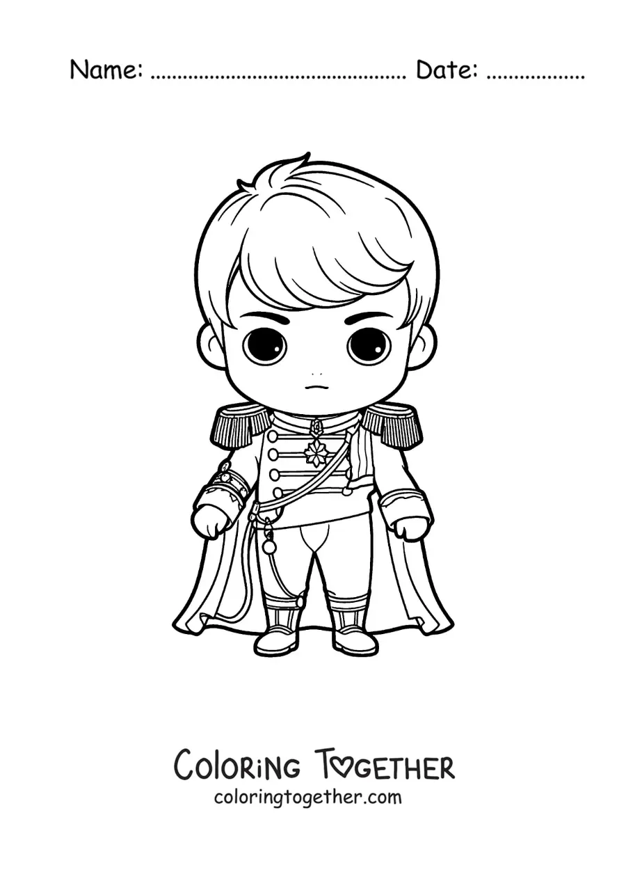 Coloring page of a kawaii Napoleon Bonaparte as a general