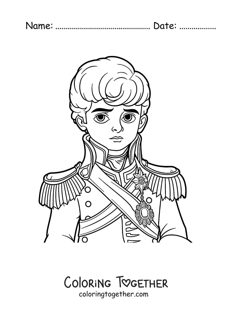 Coloring page of an animated Napoleon Bonaparte in his youth