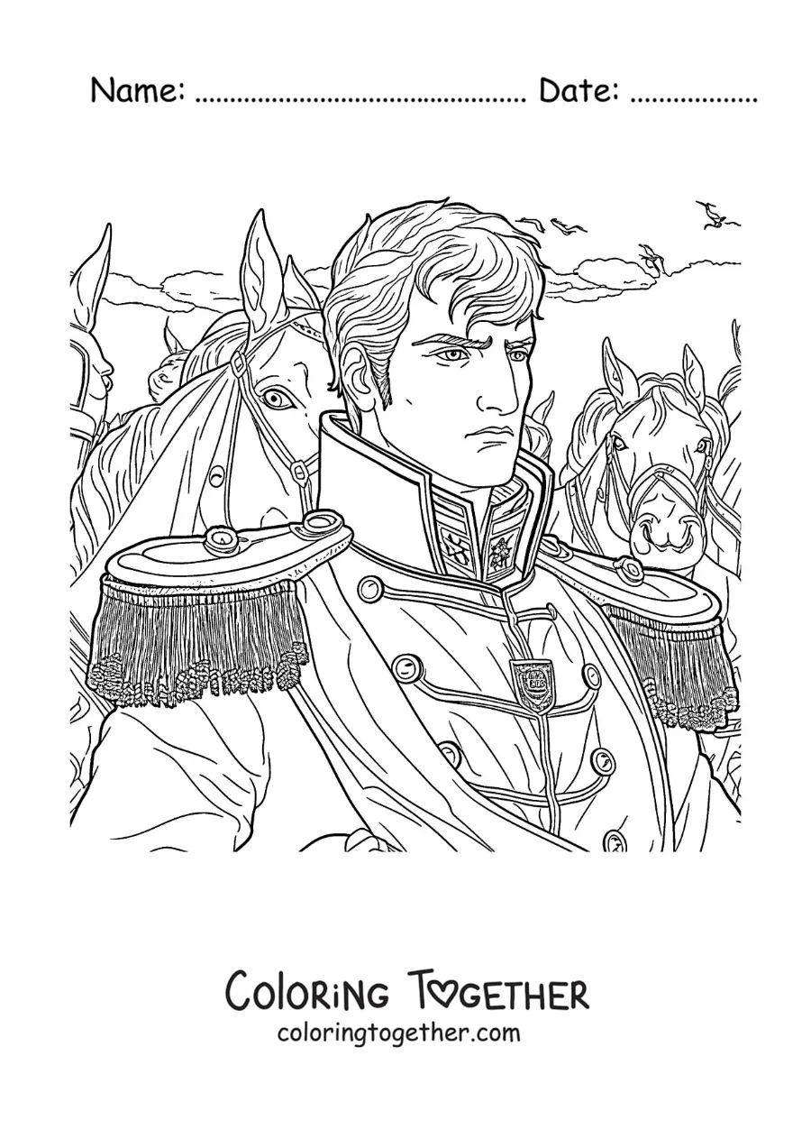 Coloring page of Napoleon Bonaparte in a battle in a realistic style