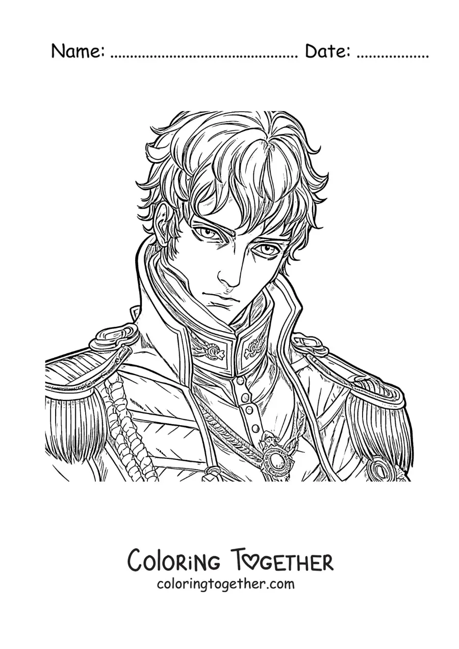 Coloring page of Napoleon Bonaparte in an anime style