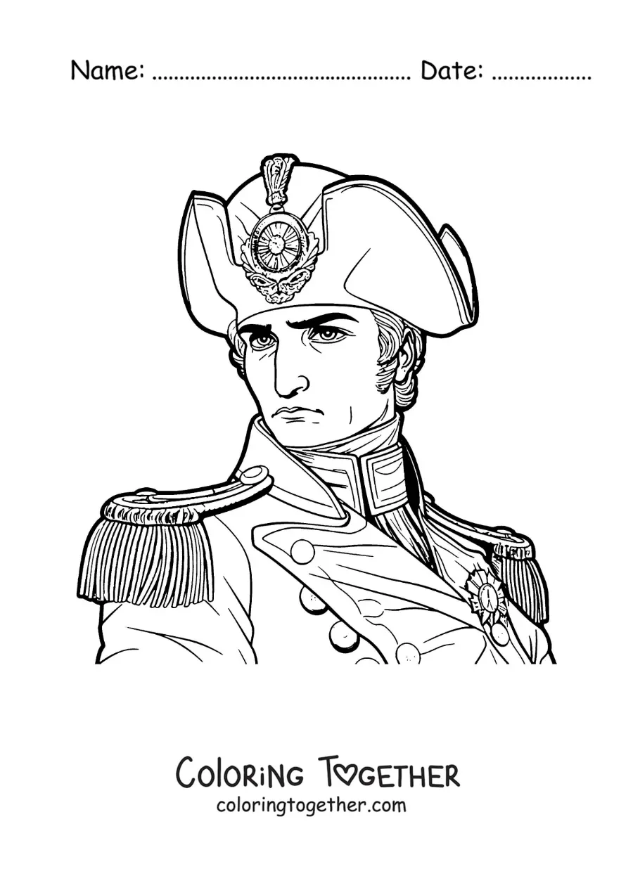 Coloring page of a realistic portrait of Napoleon Bonaparte with his hat