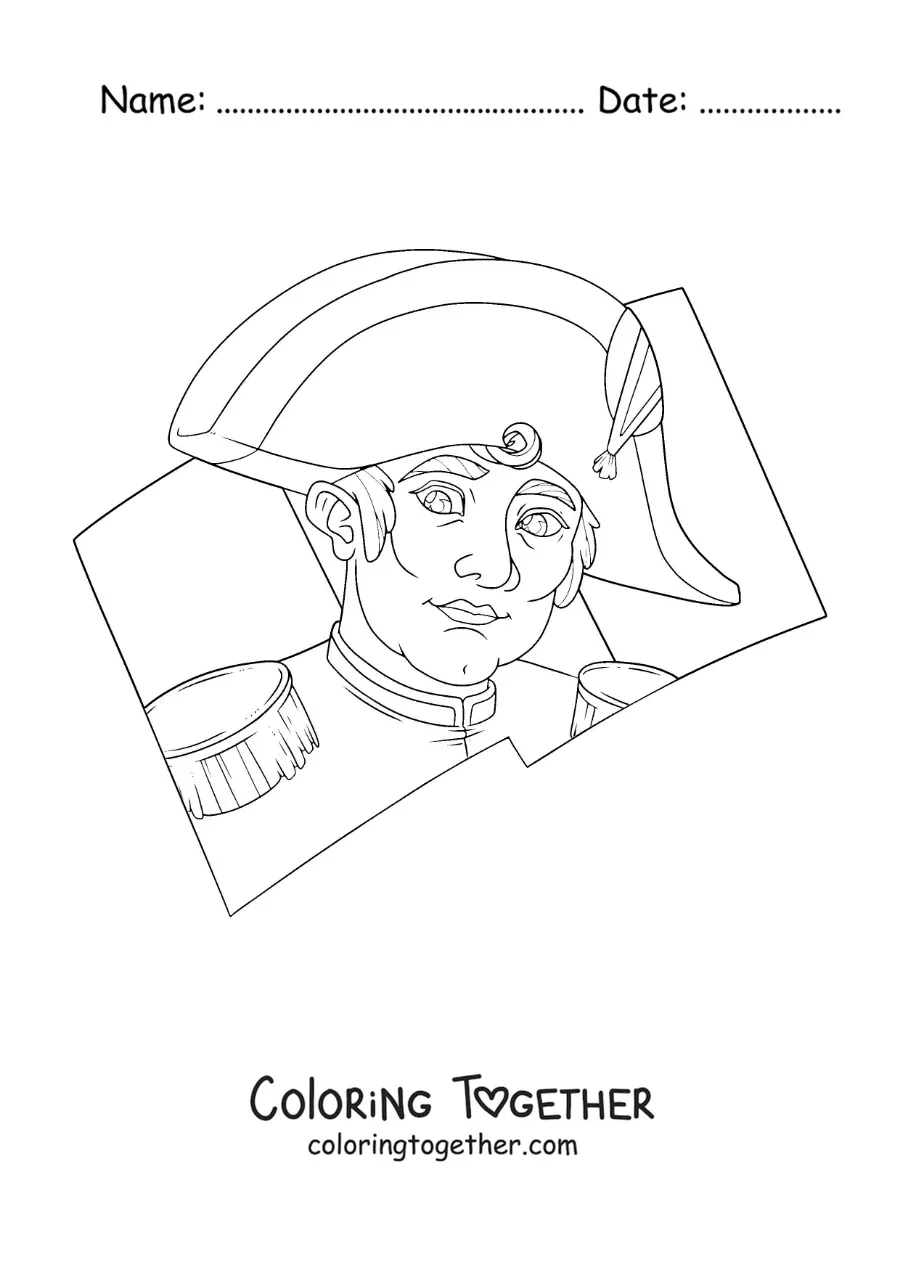Coloring page of the face of Napoleon Bonaparte with the flag of France