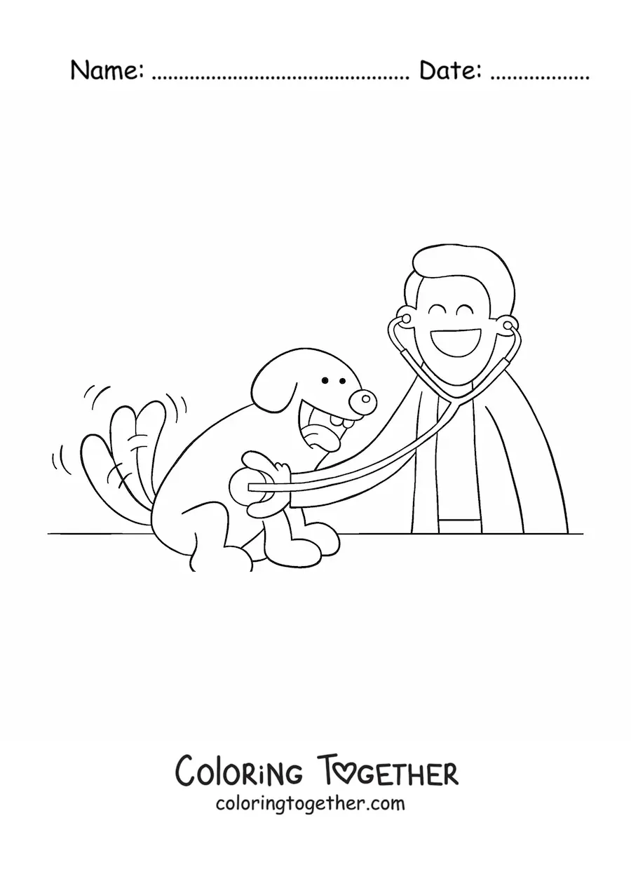 Coloring page of an animated vet examining a dog
