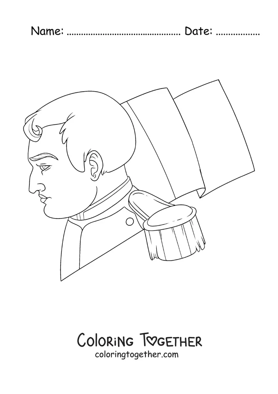 Coloring page of Napoleon Bonaparte in profile with the flag of France